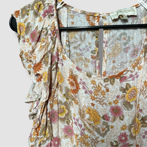 Cynthia Rowley Floral Short Flutter Sleeve Blouse Medium Cream Orange Pink Boho - Picture 2 of 9